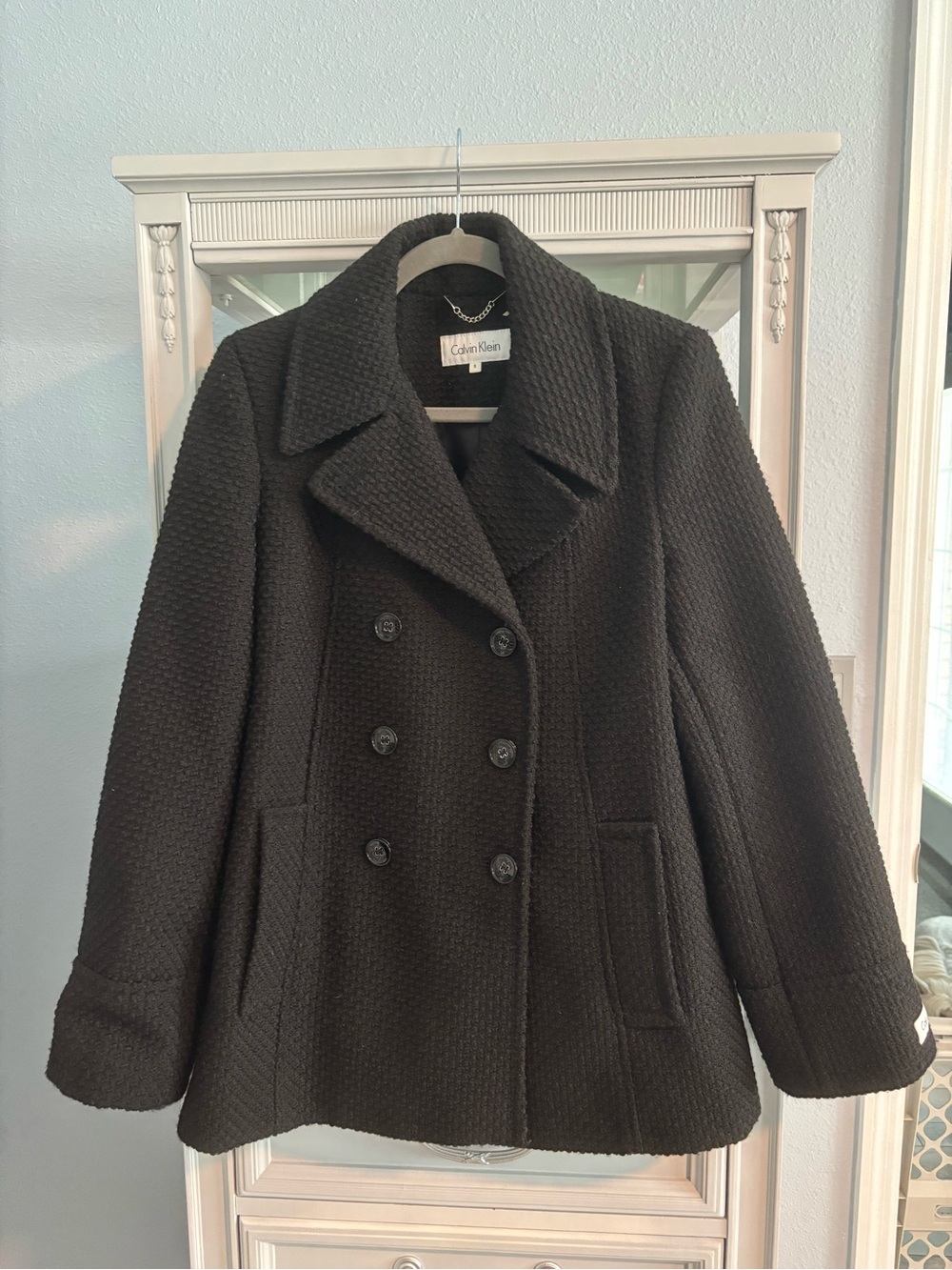 Calvin Klein Textured Black Double-Breasted Peacoat